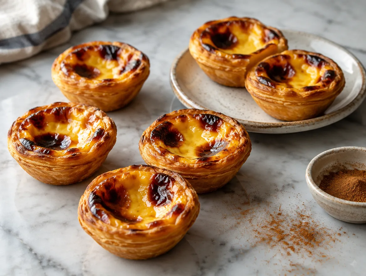 Os mesmos pastéis de nata com luz, fundo e enquadramento profissionais
